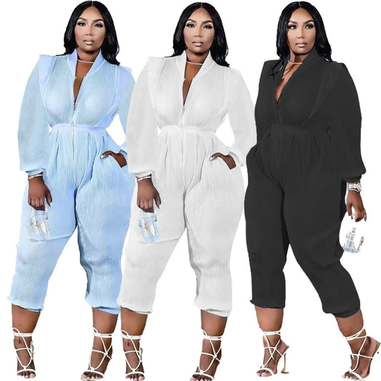 Women's Fashion Pleated Versatile V-Neck Long Sleeve Jumpsuit