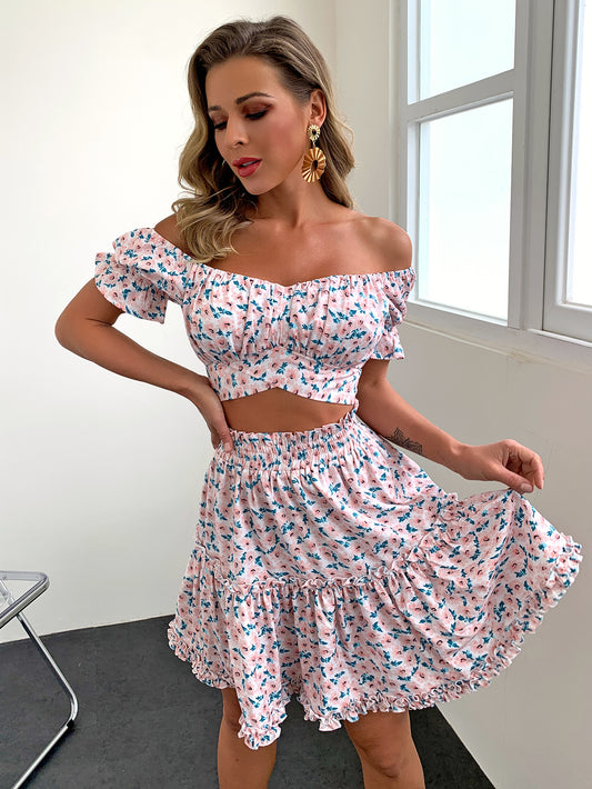 Summer Dress One-word Shoulder Wrap Chest Back Tie Rope Two-piece Small Floral Dress