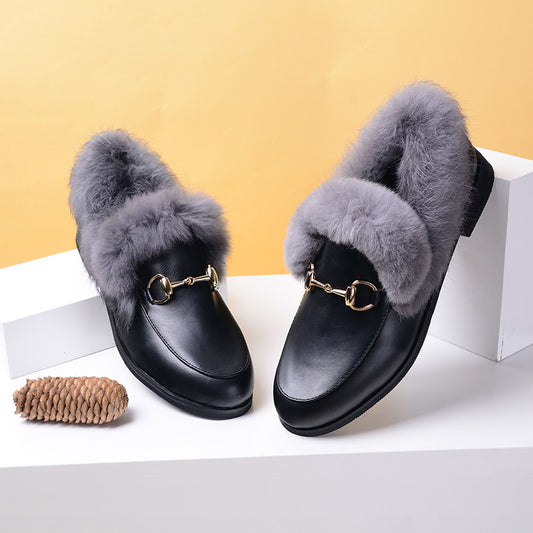 Flat warm cotton shoes with rabbit fur