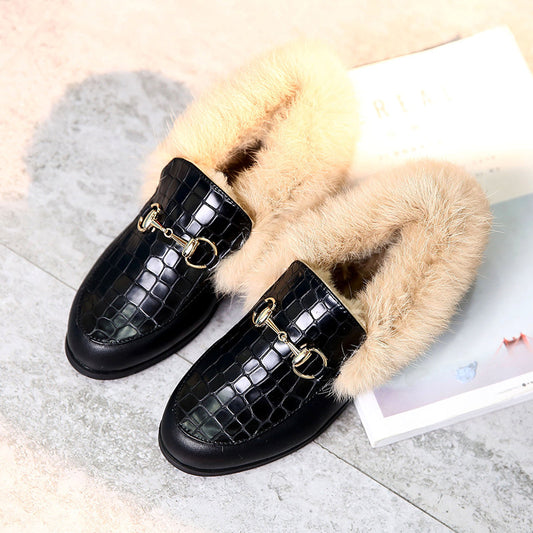 Flat warm cotton shoes with rabbit fur