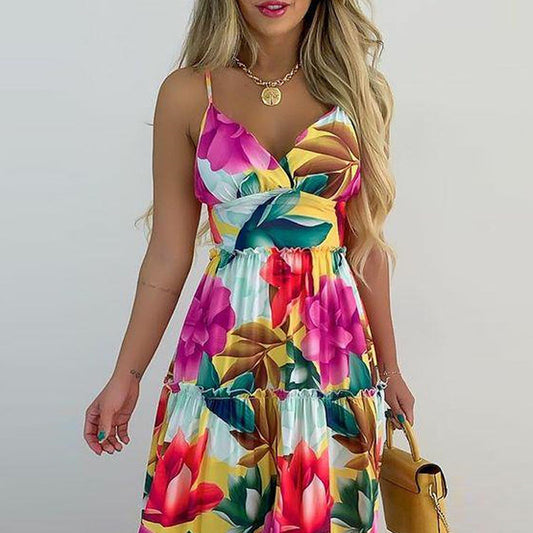 Women's V-Neck Sling Print Long High Waist Swing Dress