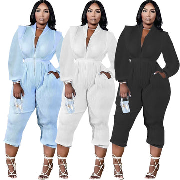 Women's Fashion Pleated Versatile V-Neck Long Sleeve Jumpsuit