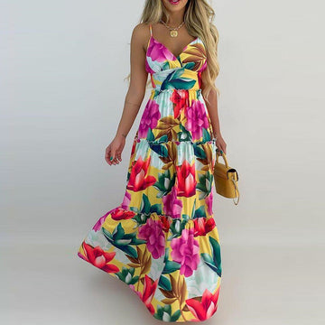 Women's V-Neck Sling Print Long High Waist Swing Dress