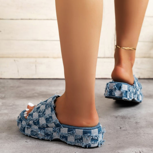 Women's Fashion Slope Heel Thick Bottom Outside Wear Denim Slippers