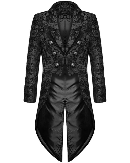 Fashion Men's Gothic Steampunk Tail Jacket Black Brocade Brocade Wedding Coat