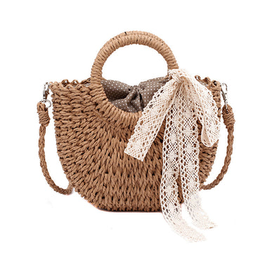 Women Hand-Woven Handbag Moon Shape Lace Bow Rattan Bag